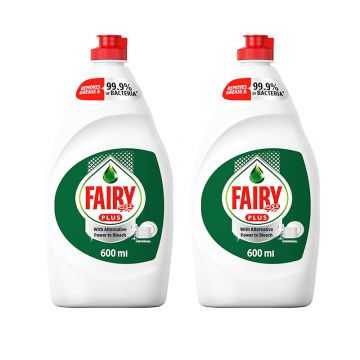 Fairy Plus Original Dishwashing Liquid Soap With Alternative Power To Bleach (Regular) 2x600ml 